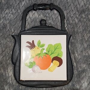 Vintage Cast Iron Trivet Teapot Wall Art with Vegetable Design
